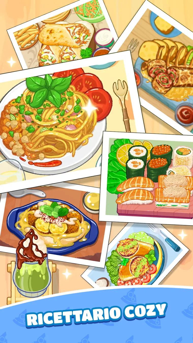 Cookingdom - Terra della cucina: ricette illustrate sparse su un tavolo di legno